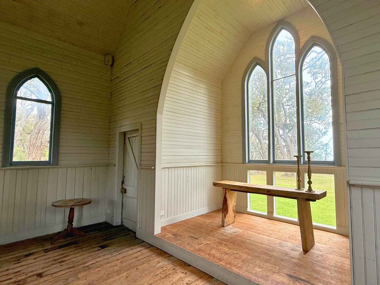 Chapel photos at Tanglewood estate in Dromana. Beautiful century old chapel. 3 curved windows at the front and back of the chapel let amazing light in.