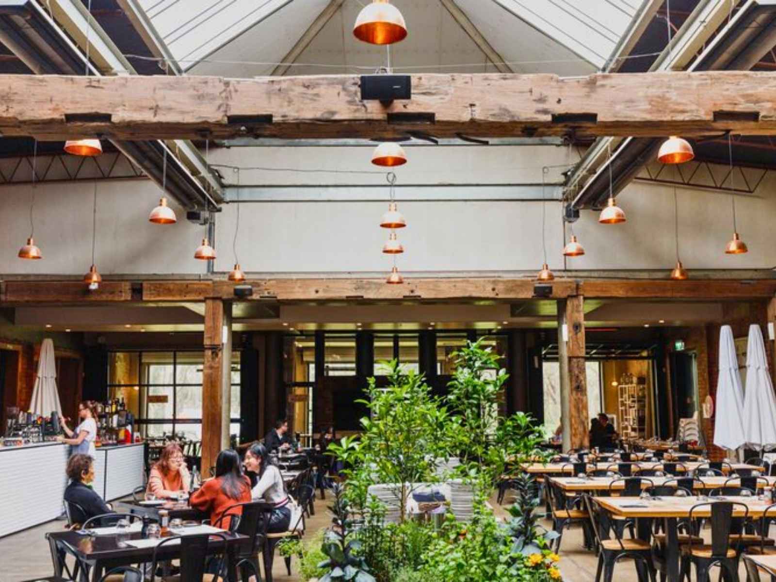 Indoor event space at The Epicurean Red Hill with timber beams, copper pendant lights, and leafy planters — a warm and stylish venue for modern funeral services on the Mornington Peninsula.