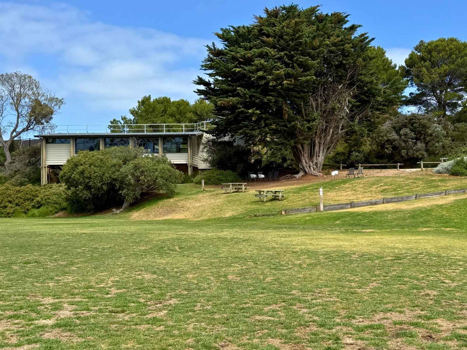Wide view from the lawn looking up to the Pavilion, surrounded by coastal trees and picnic benches.