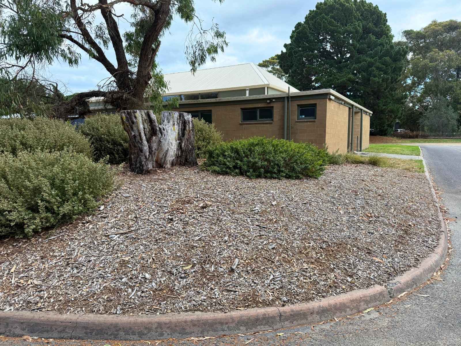 A garden bed with native shrubs and a large tree stump outside Baxter Community Hall, with the curved roofline and solar panels visible.