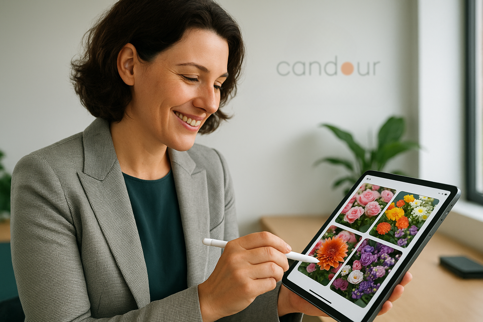 Female Candour arranger in a grey blazer using a stylus to show floral tribute options on an iPad, Candour logo softly blurred in the background.