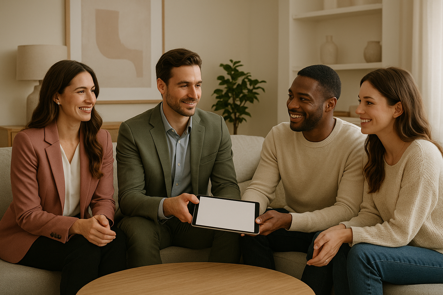 Two Candour planners in pastel suits meeting a couple in a modern living room, holding a tablet to review funeral planning details together.