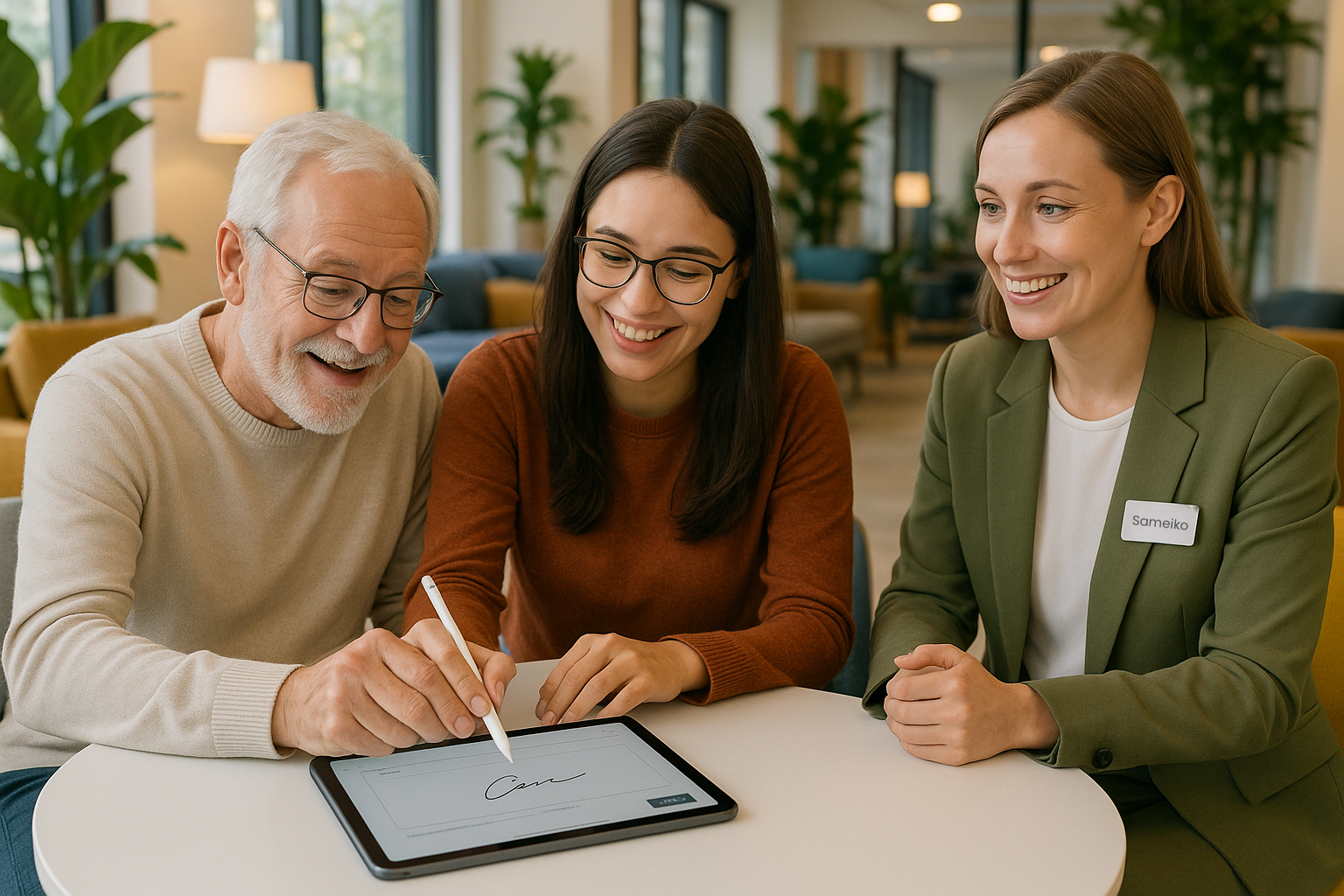 Older gentleman completing a digital signature on a tablet, assisted by his daughter and a Candour staff member in an olive‑green suit named ‘Sameiko’.