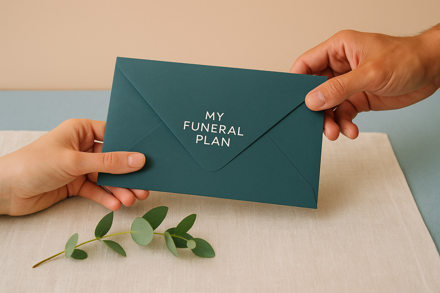 Close‑up of two hands exchanging a teal envelope labelled ‘My Funeral Plan’, with a eucalyptus sprig on a linen tablecloth.