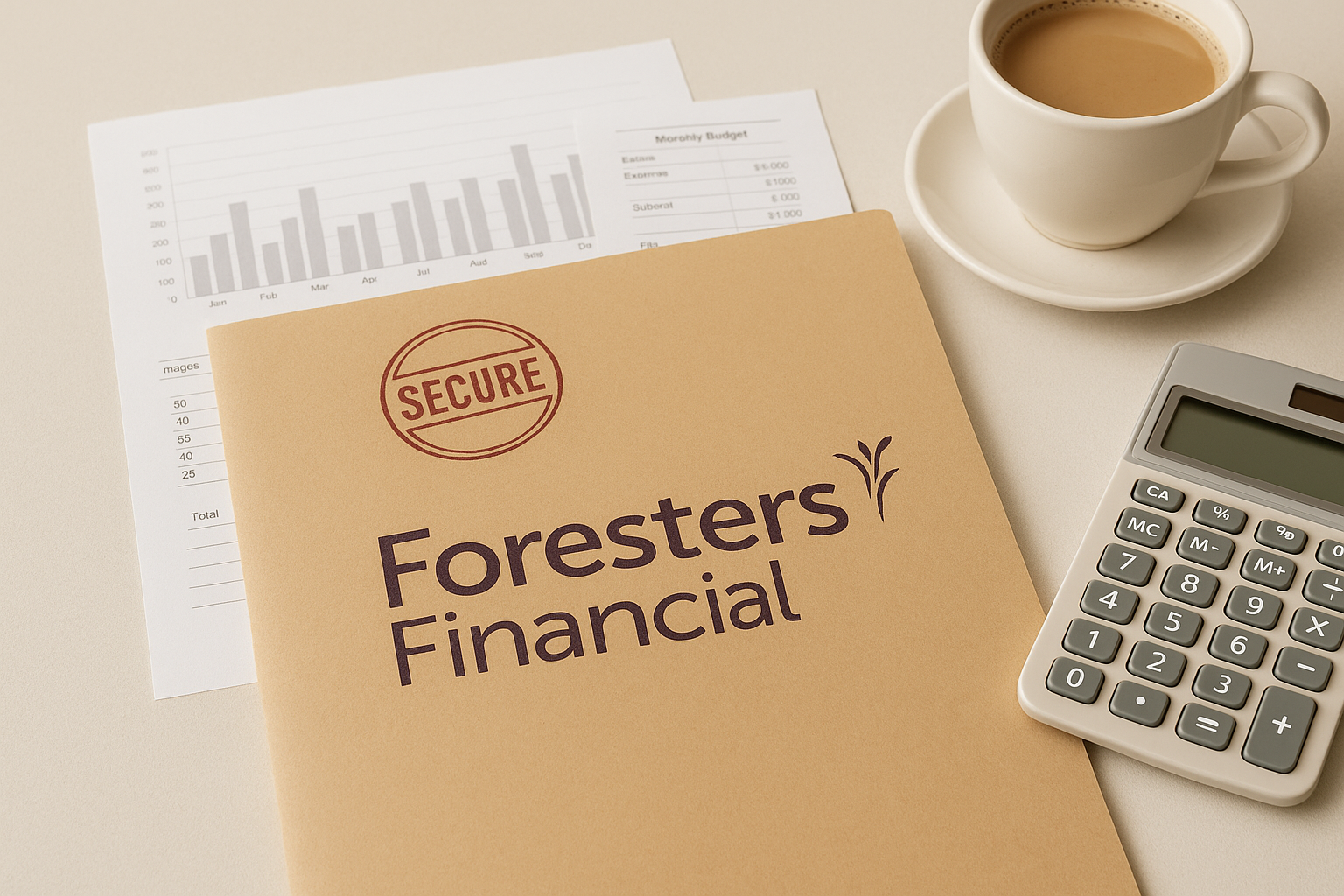 Secure Foresters Financial folder on a desk beside a budget sheet, calculator and coffee, symbolising safe investment of funeral funds.