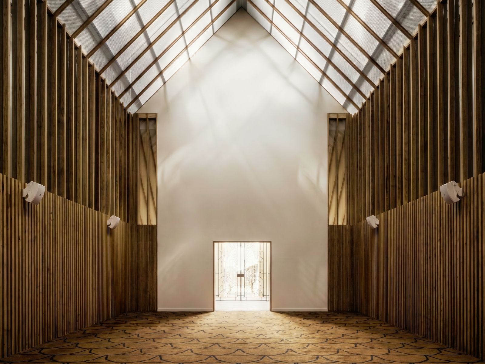 Soaring glass gable roof above the timber-lined Atrium at Springvale Botanical Cemetery