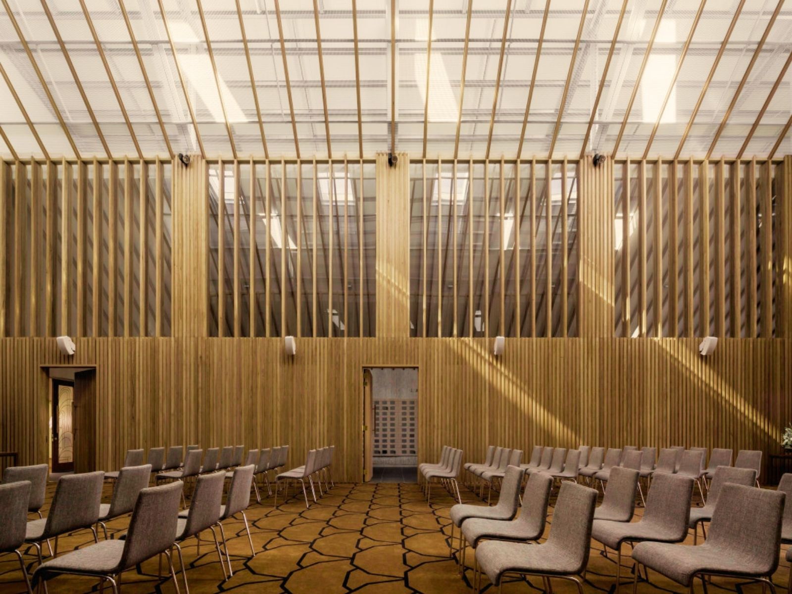 Timber batten walls and glass roof inside the Atrium at Springvale Botanical Cemetery