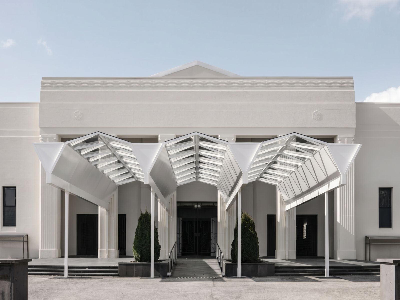 Art deco facade of the chapel building at Springvale Botanical Cemetery, home to the Atrium