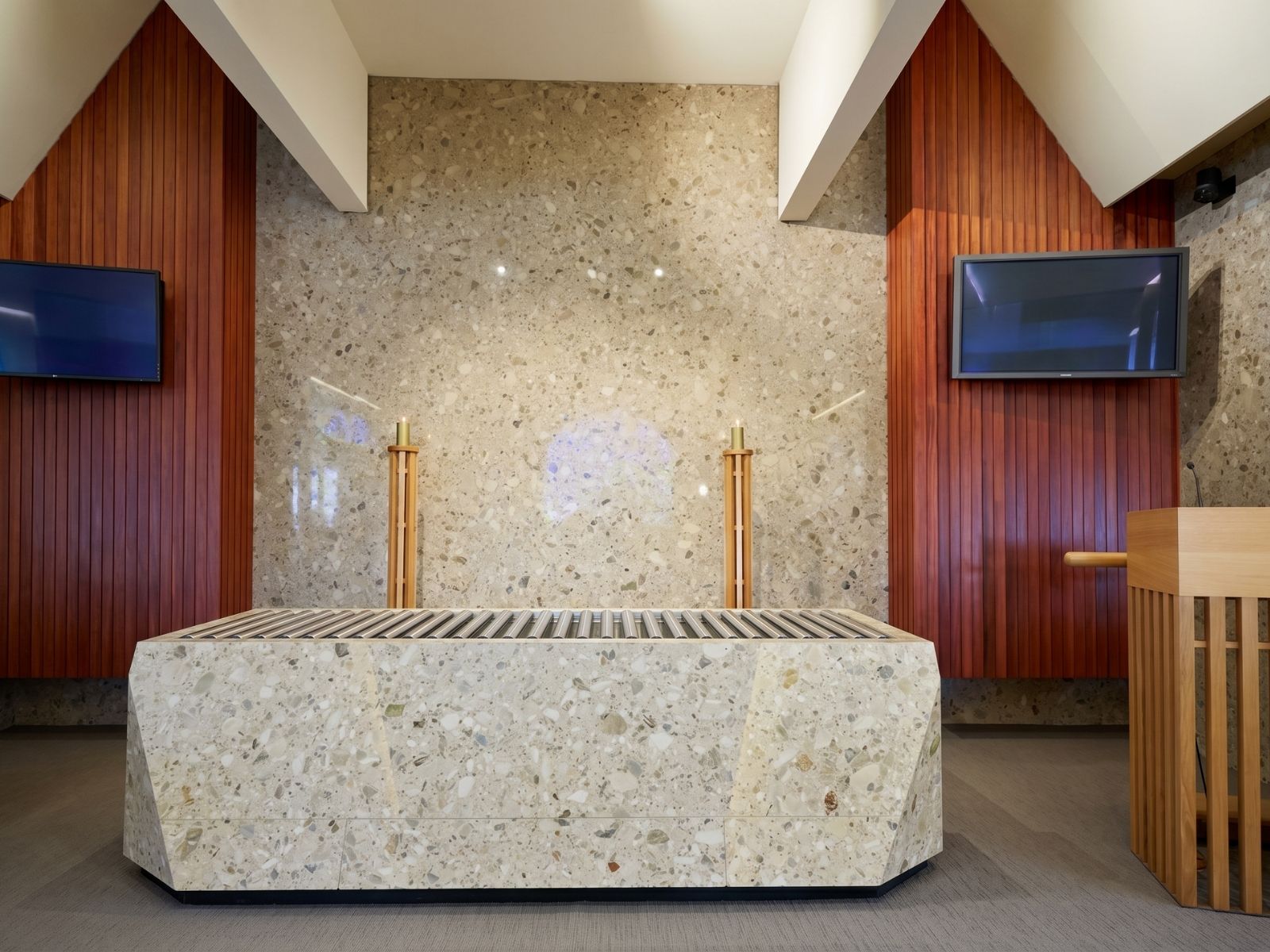 Terrazzo catafalque and feature wall inside Joyce Chapel at Fawkner Memorial Park