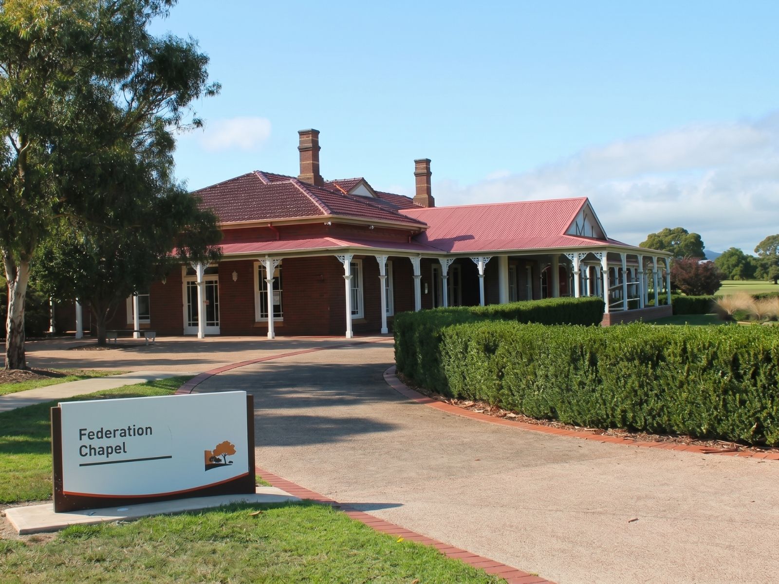 Federation Chapel at Lilydale Memorial Park, heritage homestead with return verandah and clipped hedges