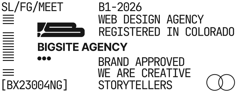 Black text and symbols logo with phrases: Bigsite Agency, Web Design Agency, Brand Approved, Creative Storytellers.