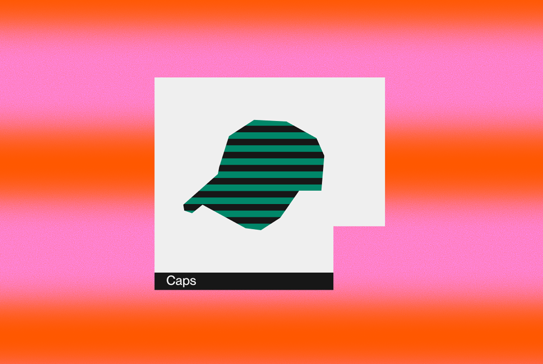 Website portfolio cover in Silhouette of a striped baseball cap in black and green on a white square with orange and pink background.