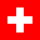 Swiss flag with a bold white cross on a red square background.