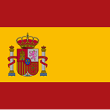 Flag of Spain with red and yellow horizontal stripes and national coat of arms on yellow stripe.
