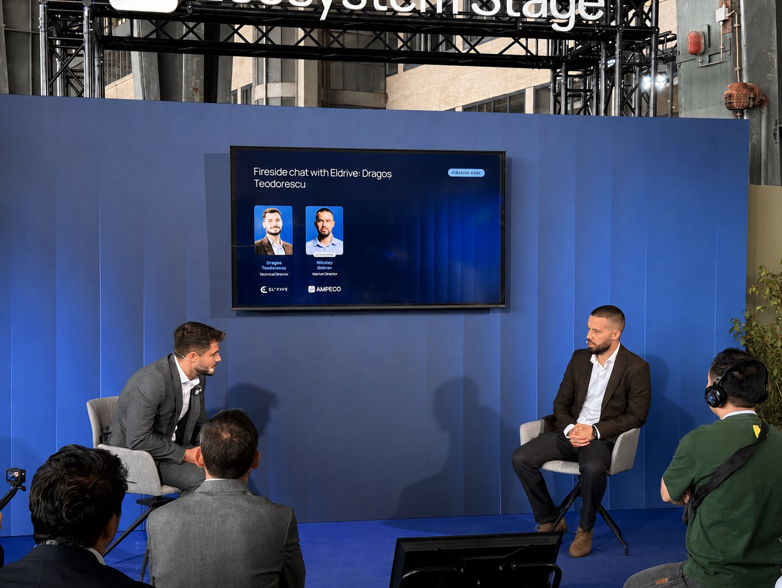 Dragoș Teodorescu of Eldrive and Nikolay Dobrev of AMPECO in a fireside chat on the Ecosystem Stage at icnc26