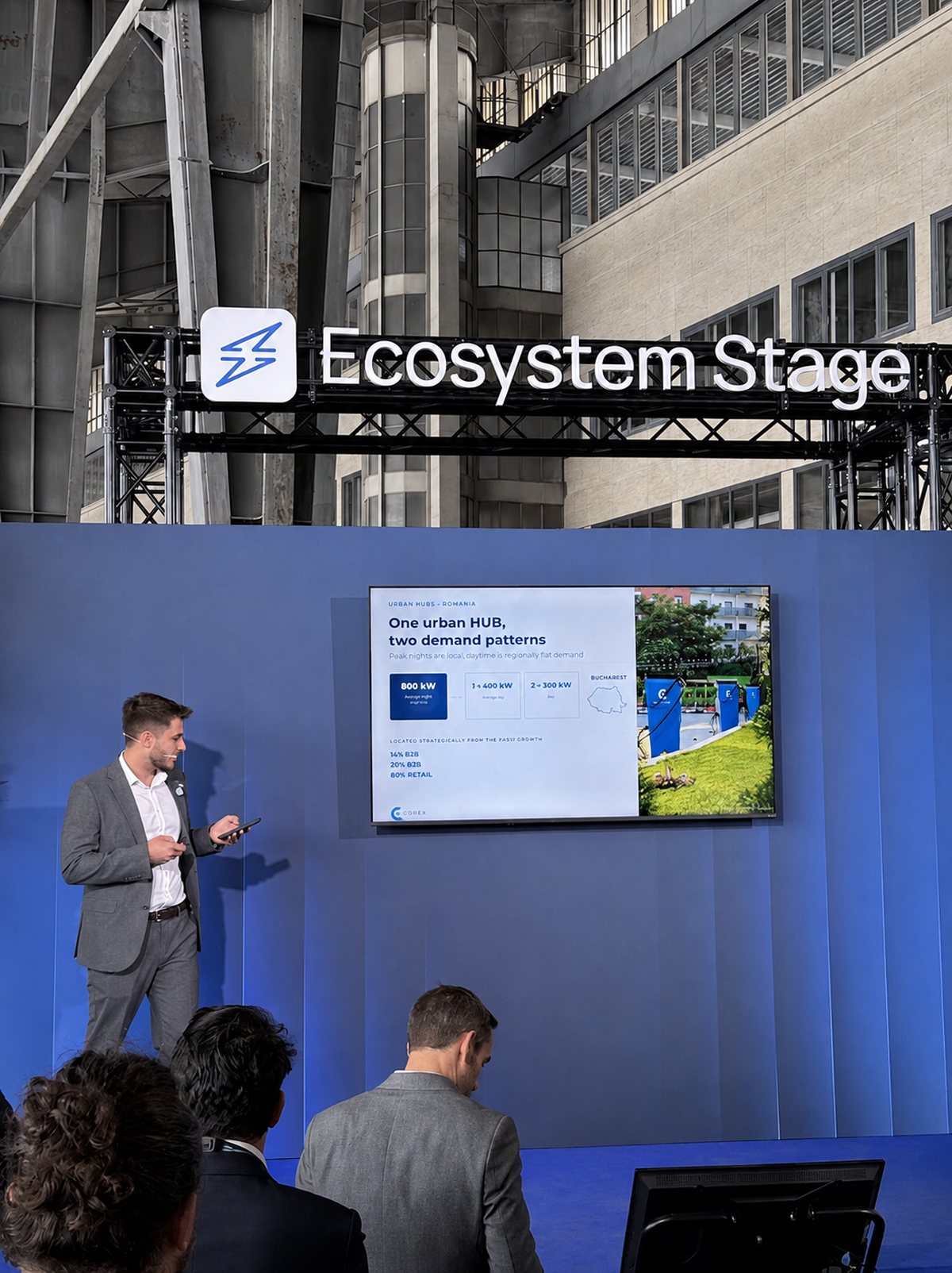 Dragoș Teodorescu presenting the Eldrive urban charging hub case at icnc26 in Berlin