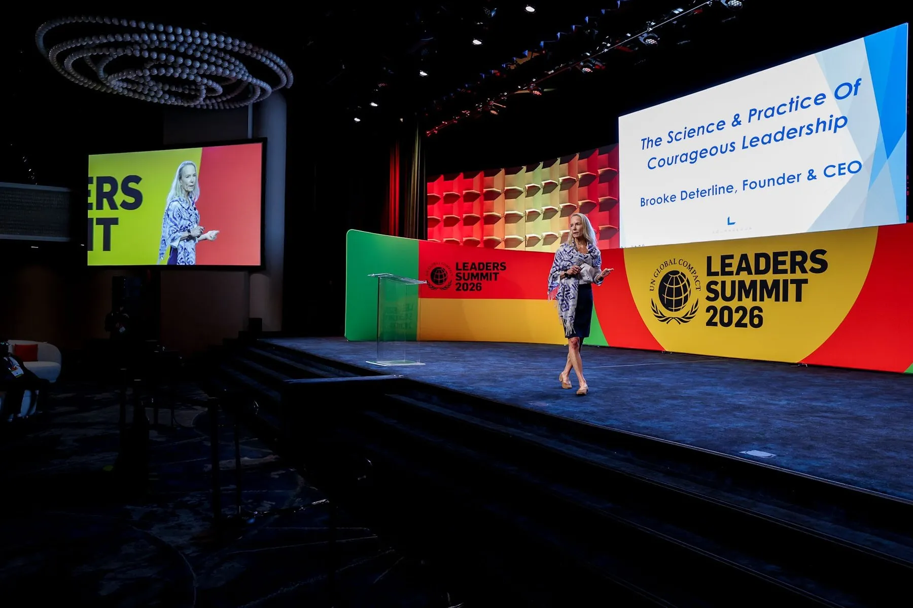 Brooke Deterline speaking on courageous leadership at the UN Global Compact Leaders Summit 2026