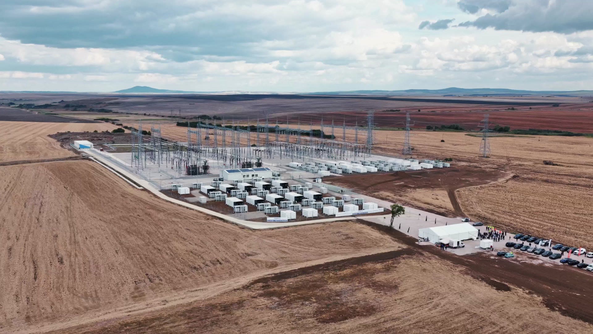 Aerial view of the battery storage and substation at Tenevo Hybrid Park, Bulgaria