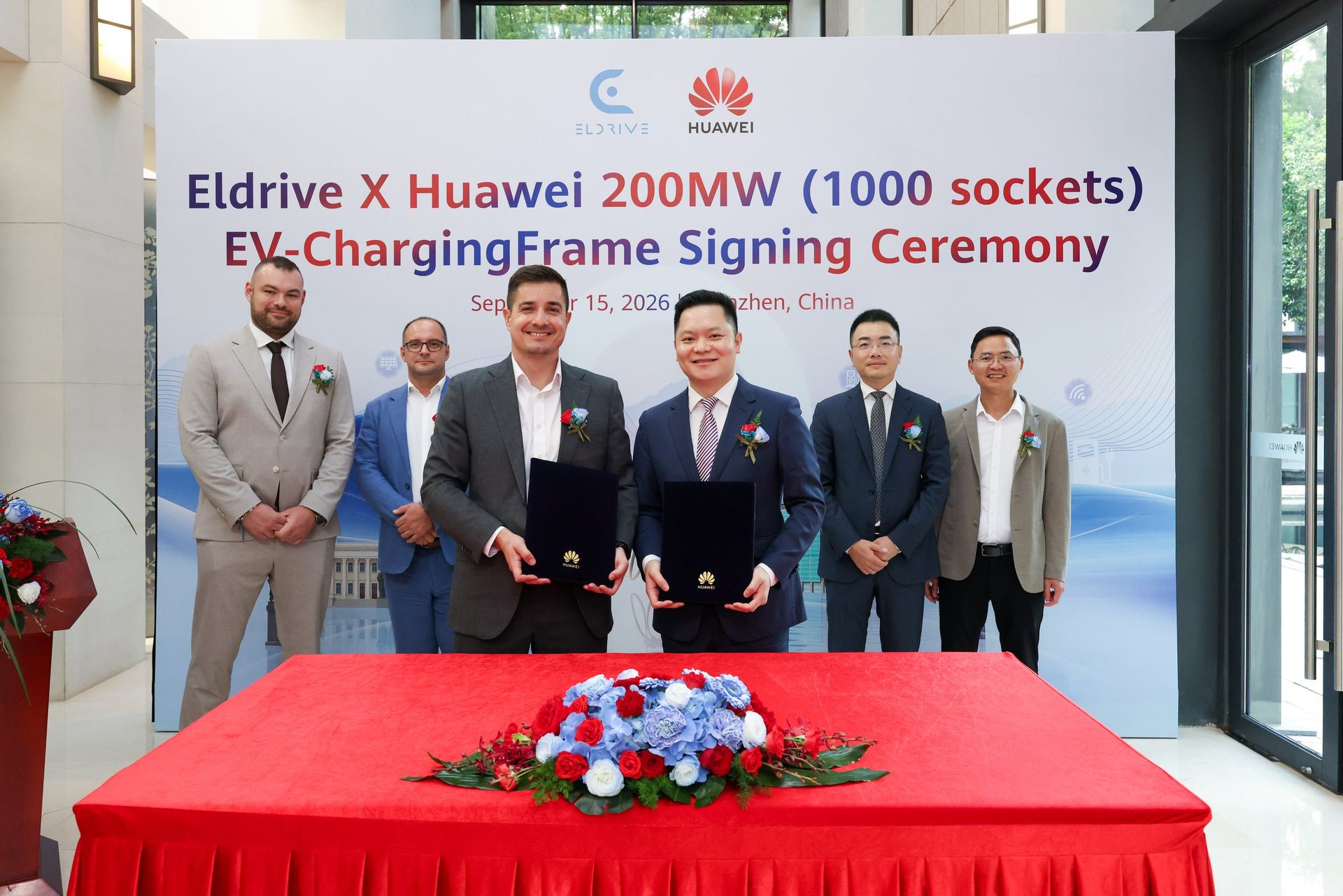 Eldrive and Huawei delegations with the signed 200 MW EV charging framework agreement in Shenzhen, 15 September 2026
