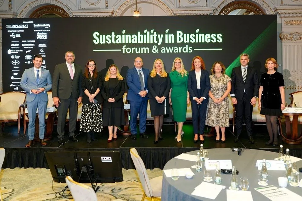 Speakers on stage at the Sustainability in Business Forum 2026 in Bucharest, including Elena Mandache of Eldrive