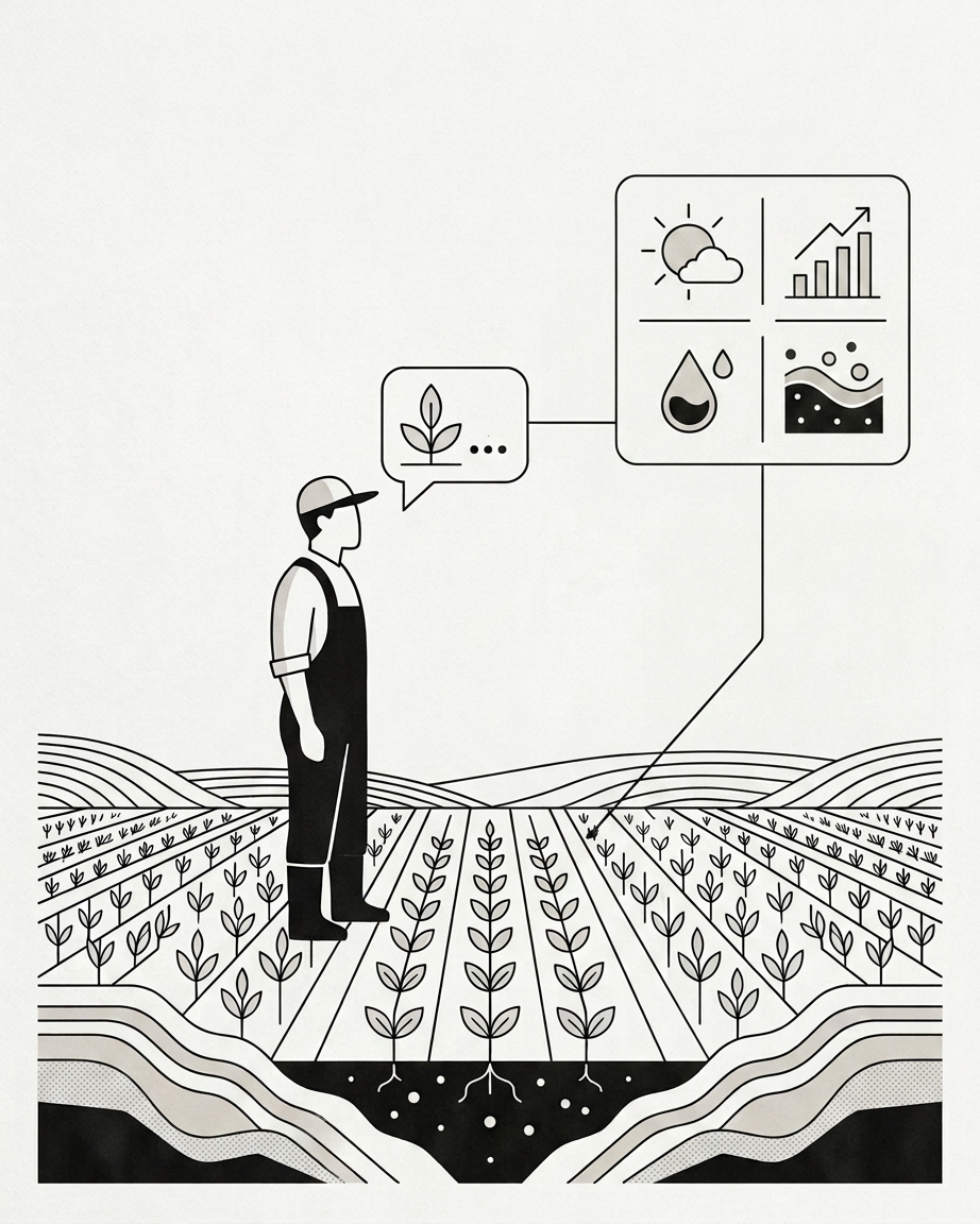 Farmer reviewing crop, weather, growth, and soil conditions with the Sensorius Agronomic Adviser.