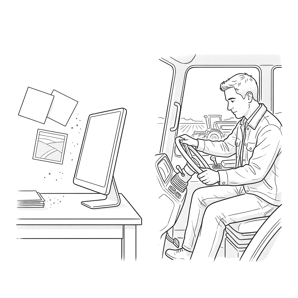 Field records reach an assistant while equipment control stays with an operator