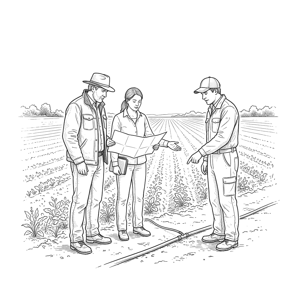 Farm, agronomy and irrigation staff discuss one field decision