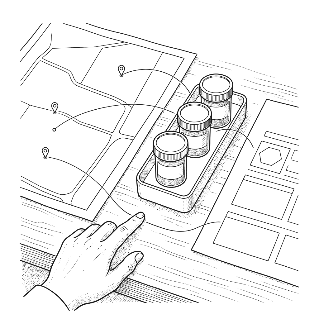 Sample containers linked to mapped field locations and a laboratory report