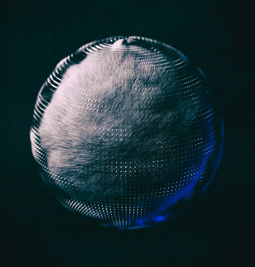 3D sphere consisting of a fuzzy surface with a grid of white dots and blue highlights on black background.