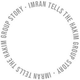 Circular text reading 'Imran tells the Hakim group story' repeated around a blank center.