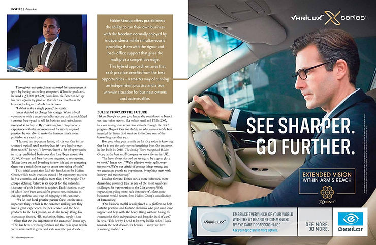 Magazine spread featuring Imran Hakim discussing the Hakim Group's business growth and entrepreneurial vision.