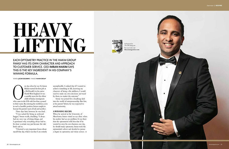 Magazine feature on Imran Hakim highlighting the Hakim Group's entrepreneurial success and business journey.