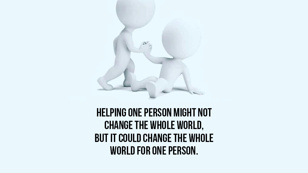 Inspirational illustration of two figures helping each other climb with a motivational teamwork quote.