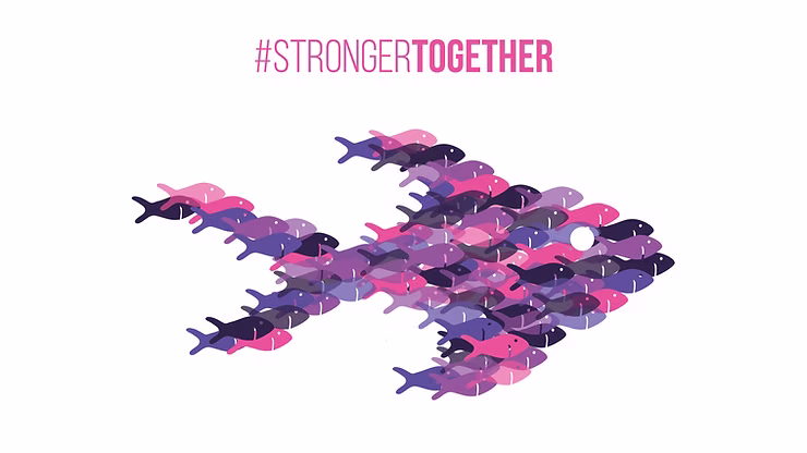 "Stronger Together" graphic featuring a bird silhouette formed by smaller birds in shades of purple and pink.