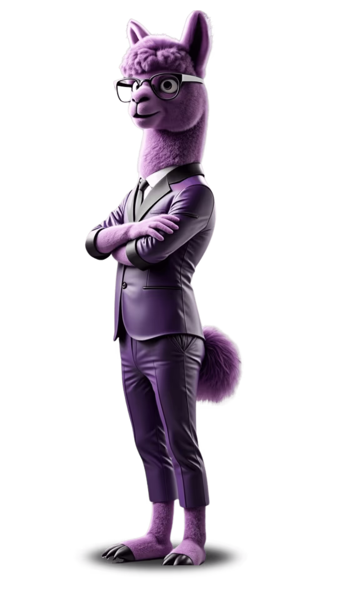 Alex, la mascota de la marca es una alpaca de color purpura y en esta foto esta con brazos cruzados