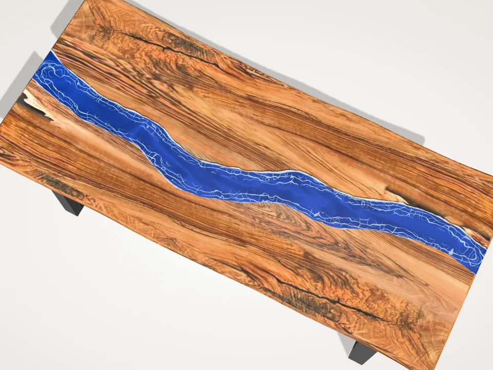 River Table mit Epoxidharz-Fluss zwischen zwei Holzhälften im 3D-Konfigurator