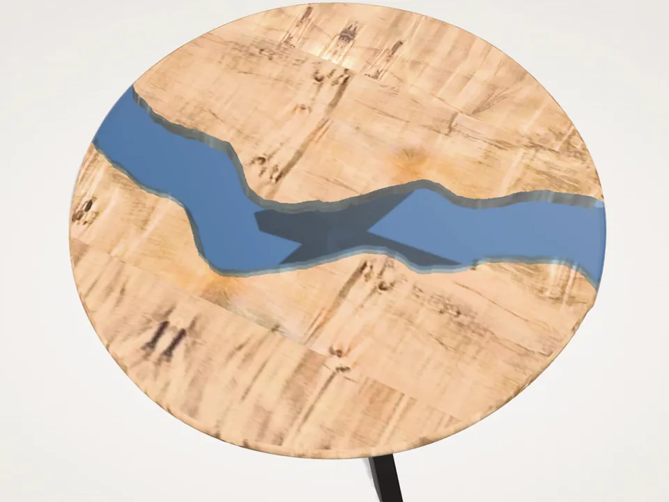 Runder River Table aus Ahorn mit blauem Epoxidharz und Spider-Gestell im 3D-Konfigurator