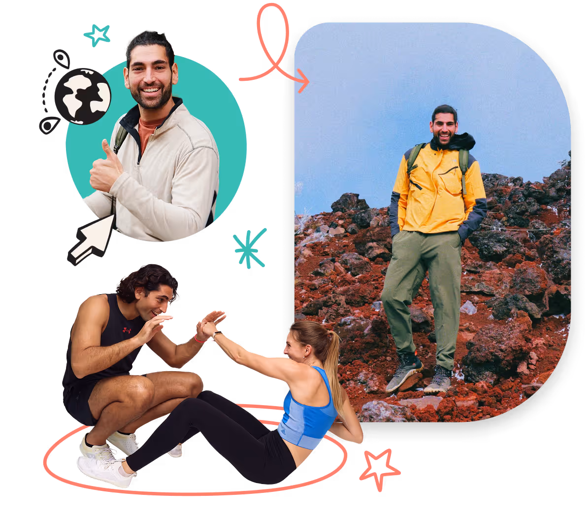 Mehrere Bilder von Gino mit einigen bunten Designelementen. Links oben schaut Gino mit verschränkten Armen freundlich in die Kamera. Rechts sieht man Gino mit roter Jacke vor einem Gebirge stehen. Unten zeigt Gino einer Frau eine Sportübung.