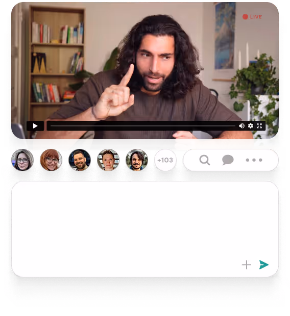 Chat UI mit Gino, der Fragen für seine Community beantwortet. In der Mitte gibt es Bilder der Coaching Community Teilnehmer. Darunter ist eine Chatbox, in die man Fragen eingeben kann, die live von Gino beantwortet werden.
