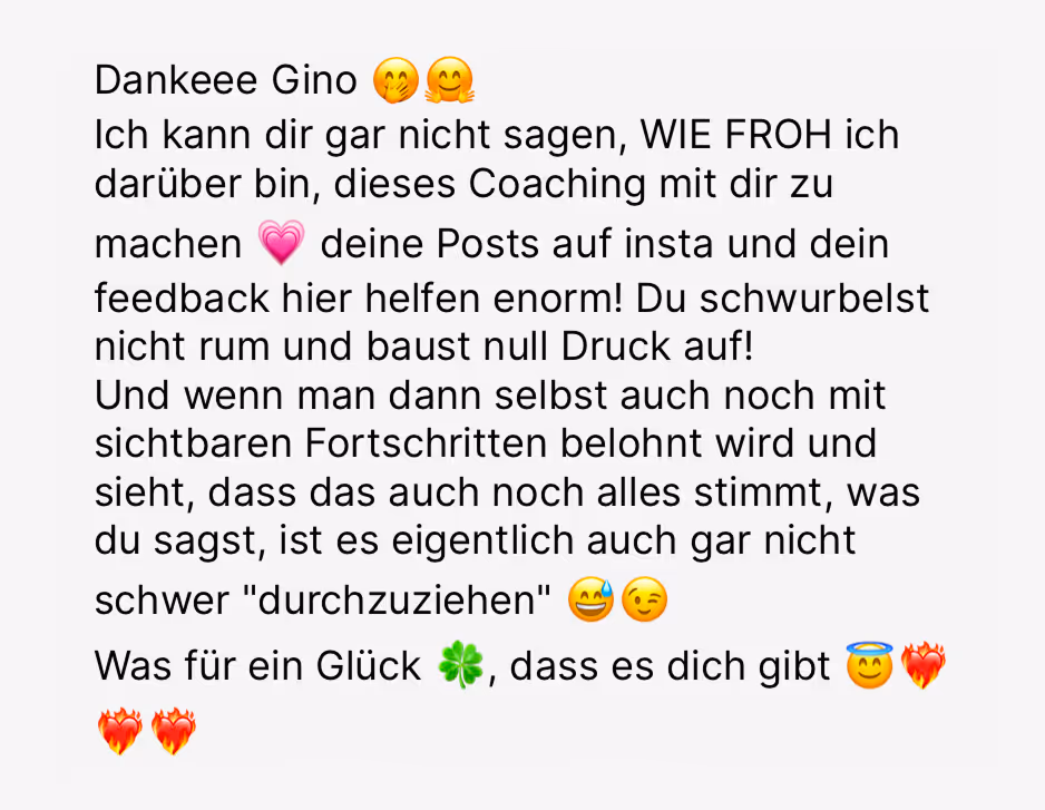 German text expressing gratitude for coaching, praising support and visible progress with emojis.