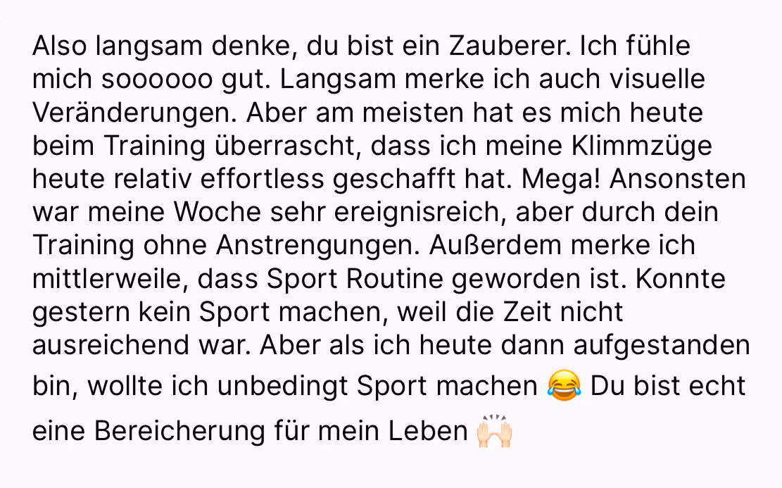 German text expressing feeling great, noticing progress in training and making sports a routine, with emojis.