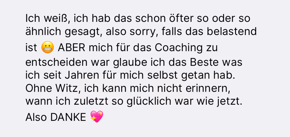 German text expressing gratitude for coaching that made the speaker very happy, with emojis included.