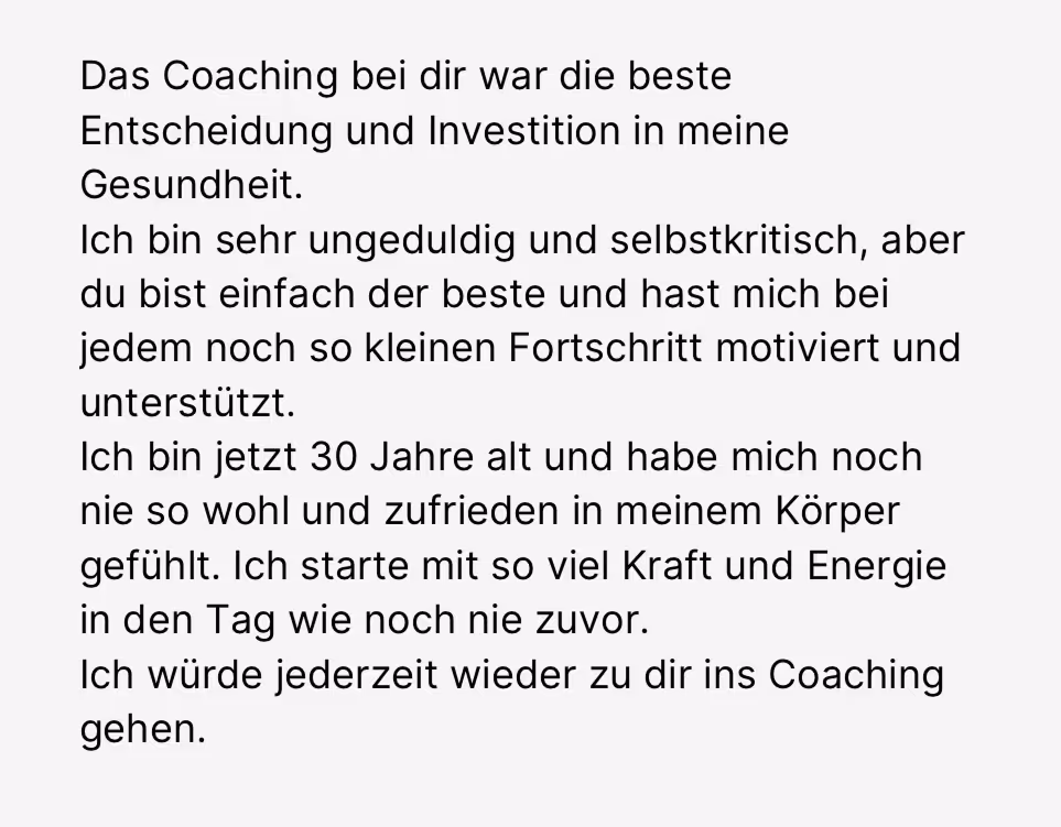 Testimonial in German praising coaching as the best decision for health and personal growth.