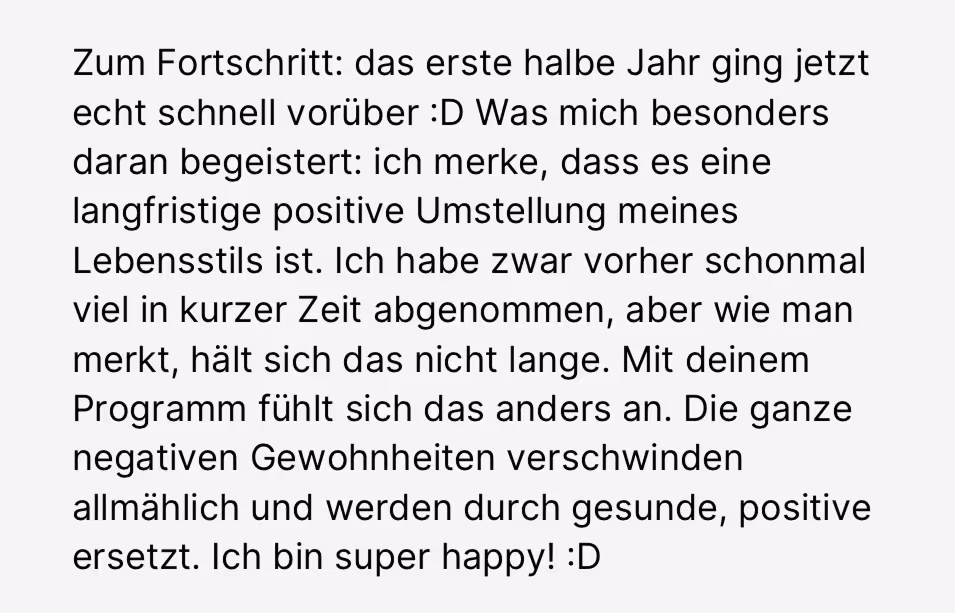 German text about positive lifestyle changes, losing weight, and feeling happy with a program.