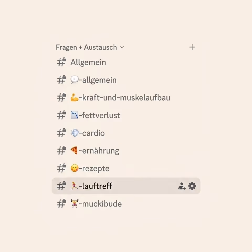 Channel list in German app with categories about fitness, nutrition, recipes, and running meetups.