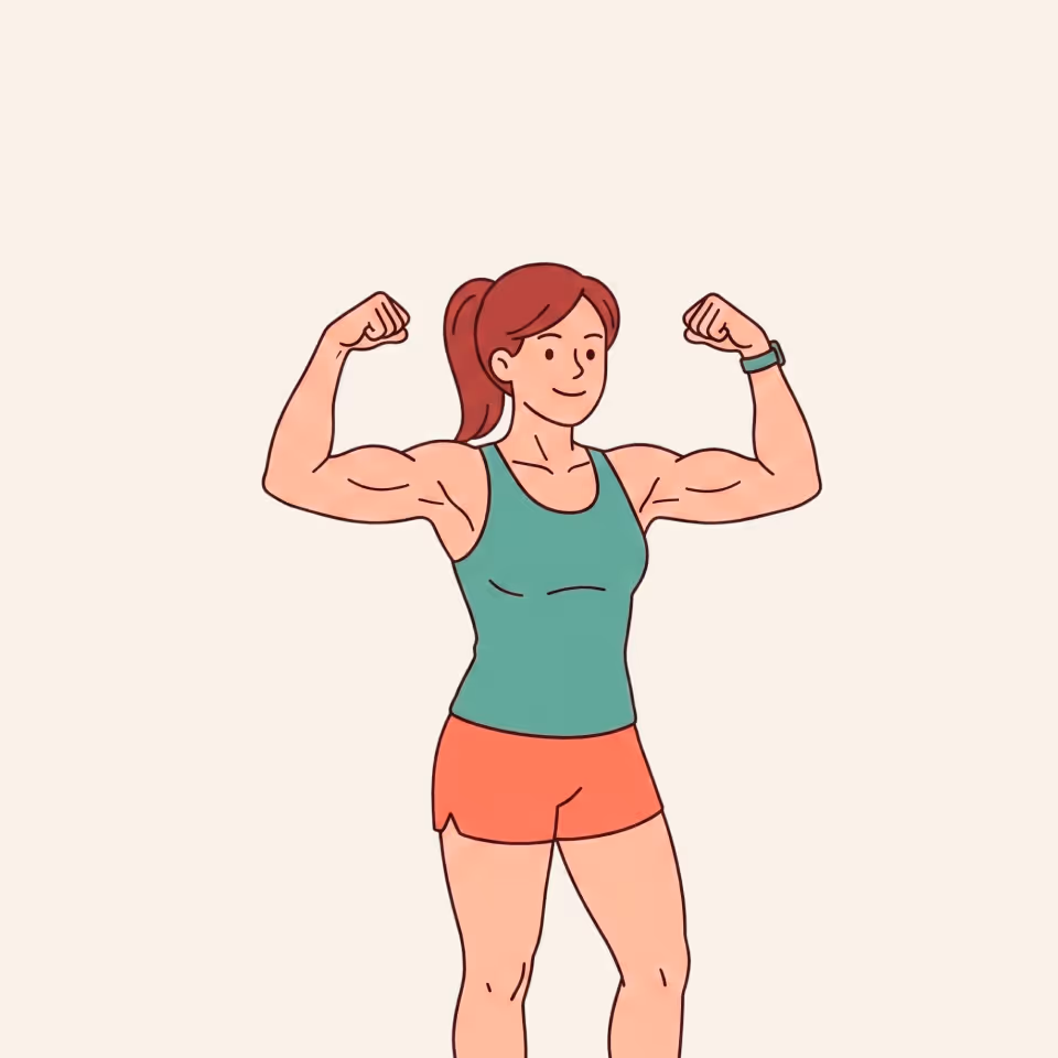 Woman in green tank top and red shorts flexing her strong arm muscles and smiling.