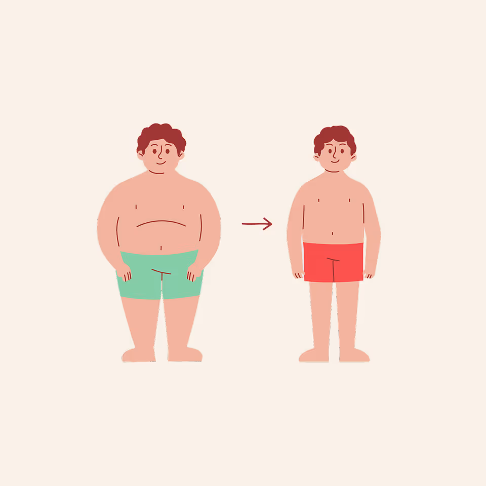Illustration of a man before and after weight loss, showing a slimmer figure on the right.