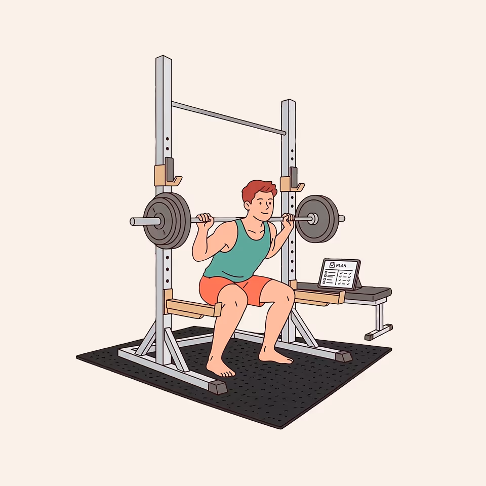 A man doing barbell squats barefoot on a black mat with a workout plan on a tablet beside him.