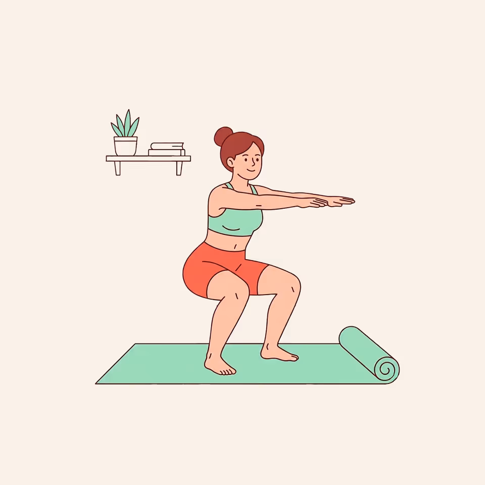 Woman in sportswear doing squats on a green exercise mat indoors near a shelf with plant and books.