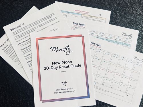 The Menofly 30-Day Reset Guide laid out on a table.